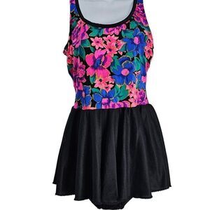 Vintage 80s Swimsuit Skirted One Piece Womens Size M Black Floral Pink Purple